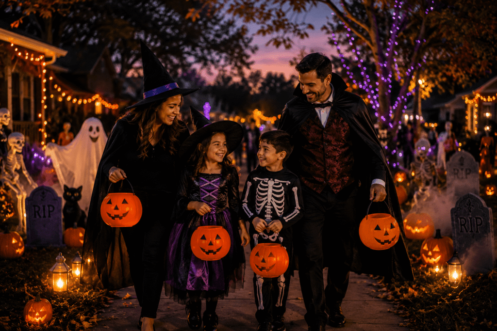 Family dressed in Halloween costumes enjoying a family-friendly Halloween event with pumpkins, decorations, and trick-or-treating in the Dallas-Fort Worth area.