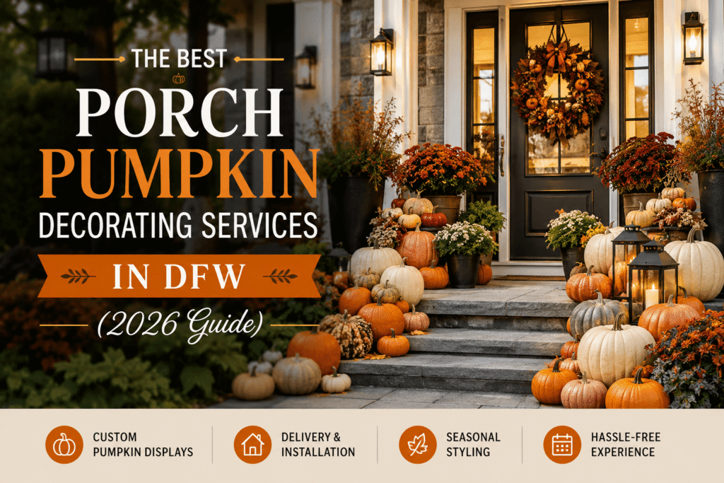 Best porch pumpkin decorating services in DFW featuring professionally decorated fall porch displays with pumpkins, mums, and seasonal décor