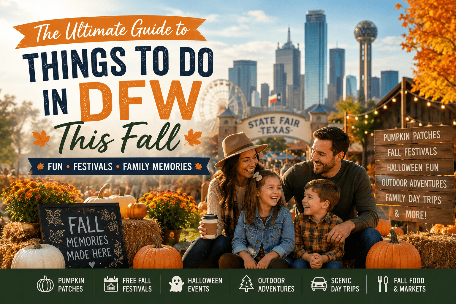The Ultimate Guide to Things to Do in DFW This Fall featuring pumpkins, family activities, the Dallas skyline, and the State Fair of Texas.
