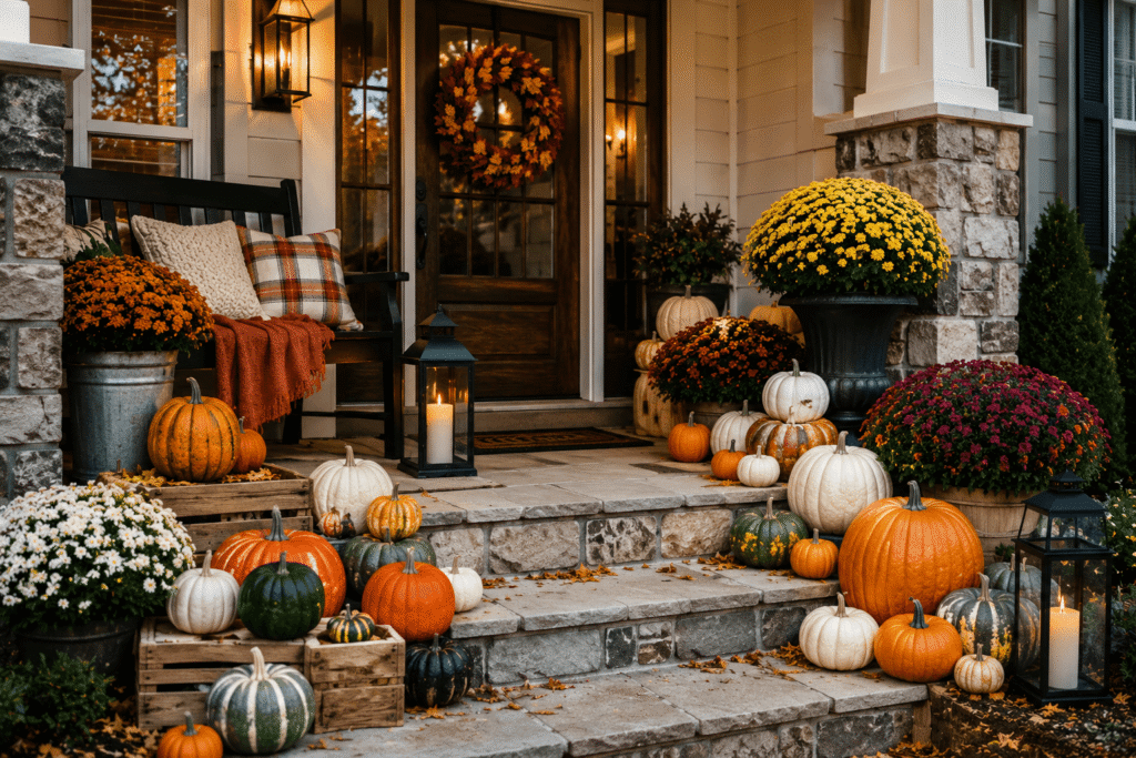 Luxury fall porch display by Porch Pumpkins in Dallas-Fort Worth