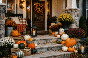 Luxury fall porch display by Porch Pumpkins in Dallas-Fort Worth
