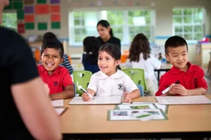 Preschool children participating in a classroom learning activity at Primrose Schools