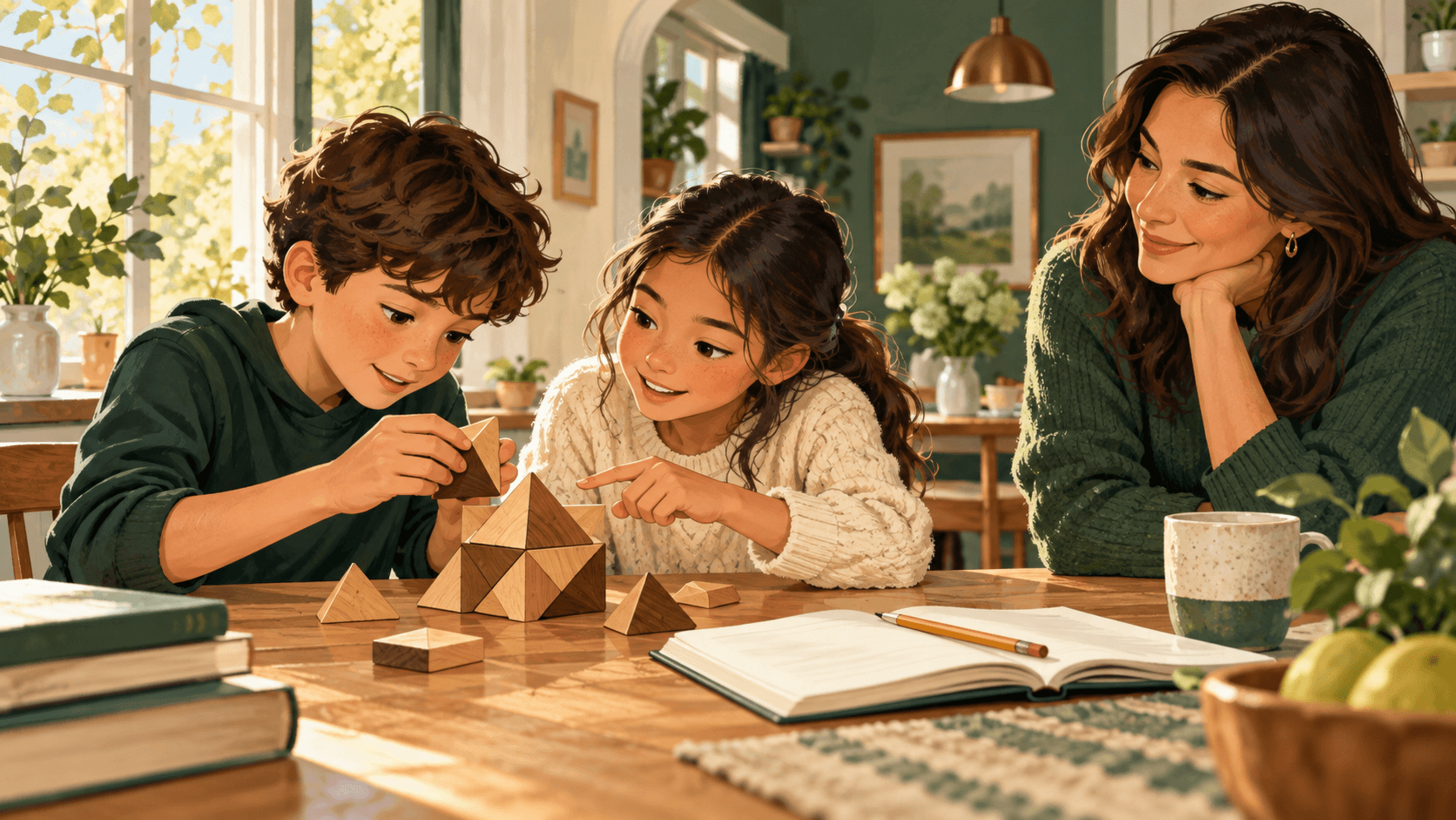 Illustration of two children exploring a wooden geometric puzzle while a parent watches